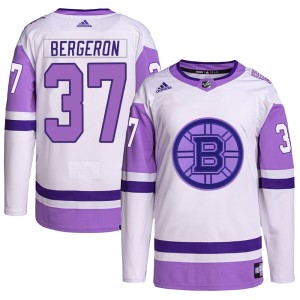 Patrice Bergeron Men's Adidas Boston Bruins Authentic White/Purple Hockey Fights Cancer Primegreen Jersey