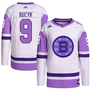 Johnny Bucyk Men's Adidas Boston Bruins Authentic White/Purple Hockey Fights Cancer Primegreen Jersey