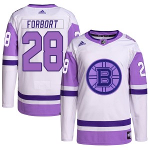Derek Forbort Men's Adidas Boston Bruins Authentic White/Purple Hockey Fights Cancer Primegreen Jersey