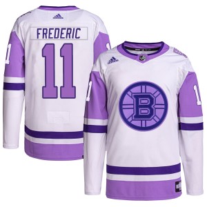 Trent Frederic Men's Adidas Boston Bruins Authentic White/Purple Hockey Fights Cancer Primegreen Jersey