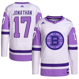Stan Jonathan Men's Adidas Boston Bruins Authentic White/Purple Hockey Fights Cancer Primegreen Jersey