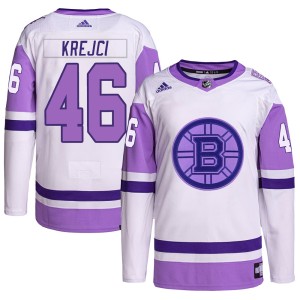David Krejci Men's Adidas Boston Bruins Authentic White/Purple Hockey Fights Cancer Primegreen Jersey