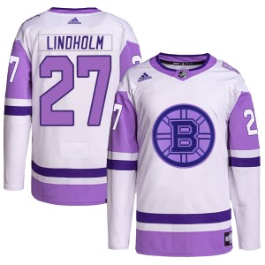 Hampus Lindholm Men's Adidas Boston Bruins Authentic White/Purple Hockey Fights Cancer Primegreen Jersey