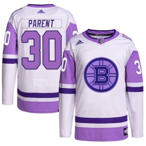 Bernie Parent Men's Adidas Boston Bruins Authentic White/Purple Hockey Fights Cancer Primegreen Jersey