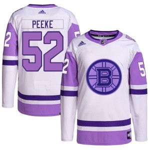 Andrew Peeke Men's Adidas Boston Bruins Authentic White/Purple Hockey Fights Cancer Primegreen Jersey