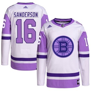 Derek Sanderson Men's Adidas Boston Bruins Authentic White/Purple Hockey Fights Cancer Primegreen Jersey