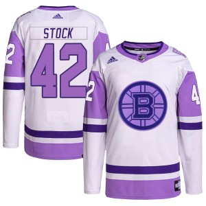 Pj Stock Men's Adidas Boston Bruins Authentic White/Purple Hockey Fights Cancer Primegreen Jersey