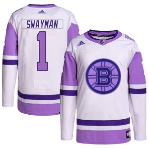 Jeremy Swayman Men's Adidas Boston Bruins Authentic White/Purple Hockey Fights Cancer Primegreen Jersey