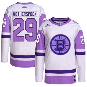 Parker Wotherspoon Men's Adidas Boston Bruins Authentic White/Purple Hockey Fights Cancer Primegreen Jersey