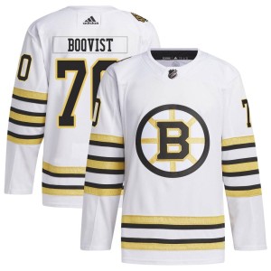 Jesper Boqvist Men's Adidas Boston Bruins Authentic White 100th Anniversary Primegreen Jersey