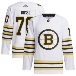 Brandon Bussi Men's Adidas Boston Bruins Authentic White 100th Anniversary Primegreen Jersey