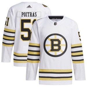 Matthew Poitras Men's Adidas Boston Bruins Authentic White 100th Anniversary Primegreen Jersey