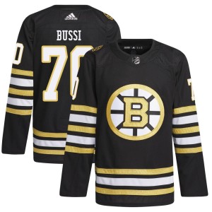 Brandon Bussi Youth Adidas Boston Bruins Authentic Black 100th Anniversary Primegreen Jersey