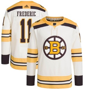 Trent Frederic Youth Adidas Boston Bruins Authentic Cream 100th Anniversary Primegreen Jersey