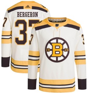 Patrice Bergeron Men's Adidas Boston Bruins Authentic Cream 100th Anniversary Primegreen Jersey