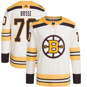Brandon Bussi Men's Adidas Boston Bruins Authentic Cream 100th Anniversary Primegreen Jersey