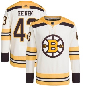 Danton Heinen Men's Adidas Boston Bruins Authentic Cream 100th Anniversary Primegreen Jersey