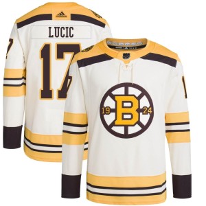 Milan Lucic Men's Adidas Boston Bruins Authentic Cream 100th Anniversary Primegreen Jersey