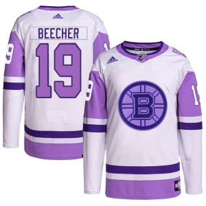 Johnny Beecher Youth Adidas Boston Bruins Authentic White/Purple Hockey Fights Cancer Primegreen Jersey