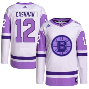 Wayne Cashman Youth Adidas Boston Bruins Authentic White/Purple Hockey Fights Cancer Primegreen Jersey