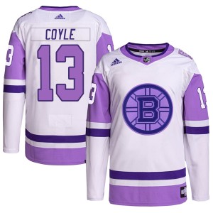 Charlie Coyle Youth Adidas Boston Bruins Authentic White/Purple Hockey Fights Cancer Primegreen Jersey