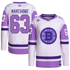 Brad Marchand Youth Adidas Boston Bruins Authentic White/Purple Hockey Fights Cancer Primegreen Jersey