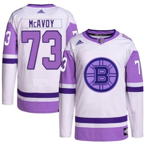 Charlie McAvoy Youth Adidas Boston Bruins Authentic White/Purple Hockey Fights Cancer Primegreen Jersey