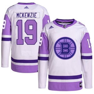 Johnny Mckenzie Youth Adidas Boston Bruins Authentic White/Purple Hockey Fights Cancer Primegreen Jersey