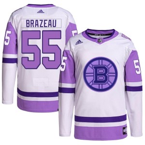Justin Brazeau Men's Adidas Boston Bruins Authentic White/Purple Hockey Fights Cancer Primegreen Jersey
