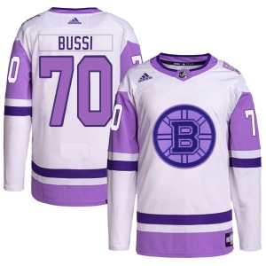 Brandon Bussi Men's Adidas Boston Bruins Authentic White/Purple Hockey Fights Cancer Primegreen Jersey