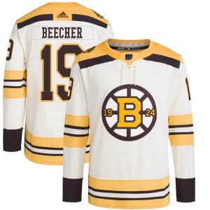 Johnny Beecher Men's Adidas Boston Bruins Authentic Cream 100th Anniversary Primegreen Jersey