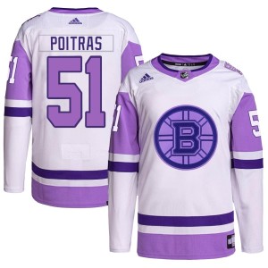 Matthew Poitras Youth Adidas Boston Bruins Authentic White/Purple Hockey Fights Cancer Primegreen Jersey