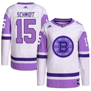 Milt Schmidt Youth Adidas Boston Bruins Authentic White/Purple Hockey Fights Cancer Primegreen Jersey
