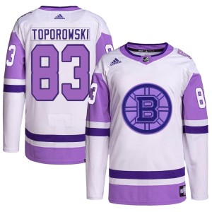 Luke Toporowski Youth Adidas Boston Bruins Authentic White/Purple Hockey Fights Cancer Primegreen Jersey